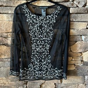 White House Black Market black sheer blouse with floral stitched design size sml
